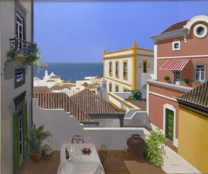 Terraço com vista, terrace with a view is one of Fonseca Martin's many Portugal Landscape paintings, using oil, that Fonseca Martins crafts and tat are shown at the Gallery