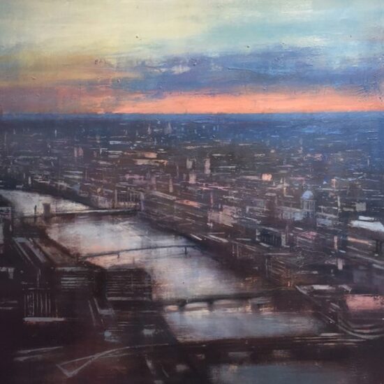 Thames Pink Sky London by Pedro Rodrigues Oil on wood painting available at Tavira d'Artes Art Gallery in Tavira