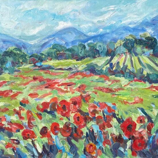 Poppies at Ansouis by Fi Katzler oil on canvas painting available at tavira d'artes in Portugal's algarve