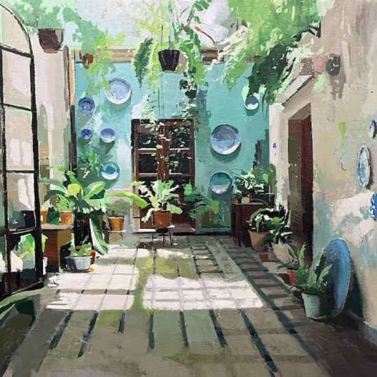 El patio Azul by Antonio Barahona - oil on wood panel at Tavira d'artes art gallery
