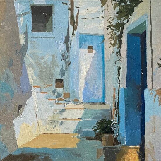 La puerta blanca by Antonio Barahona - oil on wood panel painting at Tavira d'artes art gallery